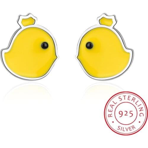 100% S925 Sterling Silver Yellow Chick Earrings Animal Jewelry Silver Chook Chicken Earrings For Women Baby Princess