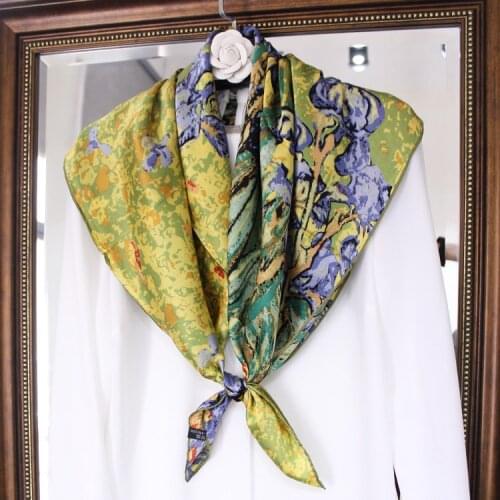 Luxury New 100% Silk Fashion Womens Bandana Silk Scarf With Oil Painting Shawls Women Scarves Ladies 88*88/53cm Handrolled Hem