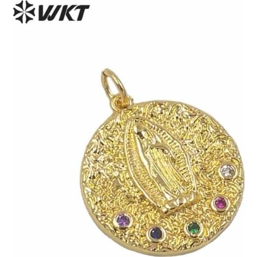 MP146 Luxury small women jewelry pendant brass in full gold electroplated round religious virgin mary necklace pendant