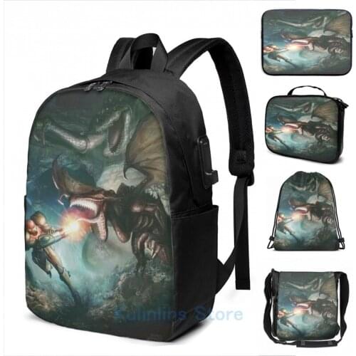 Funny Graphic print Samus Aran VS Ridley The Final Encounter USB Charge Backpack men School bags Women bag Travel laptop bag