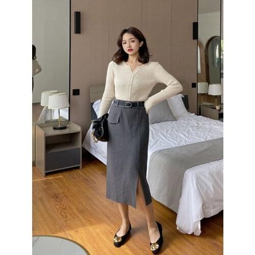 Women skirt mid-length one-step high-waisted skirt 2020 new all-match belt bag hip skirts and winter skirt and women set