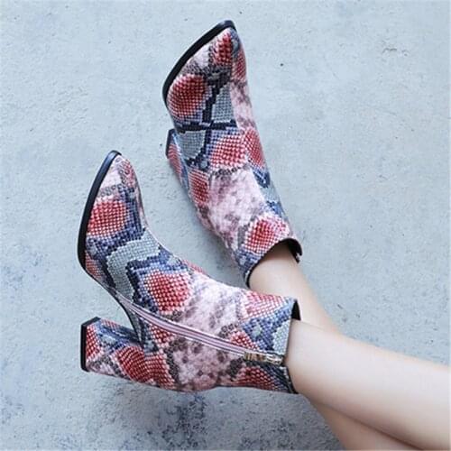 Fashion Boots Pointed Toe High Heel Ankle Boots Snake Print boots 2020 winter women block heel shoes punk red booties