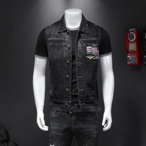 Retro black plus size Denim Vest personality motorcycle Jeans Jacket Streetwear Sleeveless Slim Tops Button Coats Size S-5XL