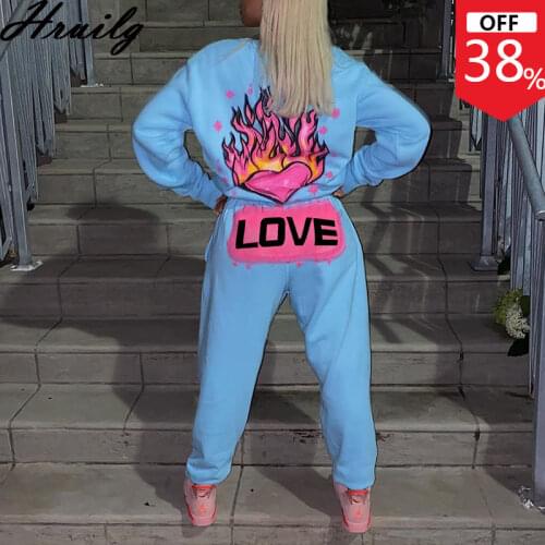 Autumn Winter Two Piece Set Women Fashion Love Print Plus Size Casual Long Sleeve Tops Full Length Pants Sets Streetwear Outfits