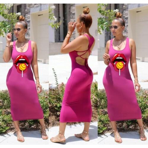Ladies Dress Summer Trend Womens Lip Print Dress Slim Fashion Long Street Women