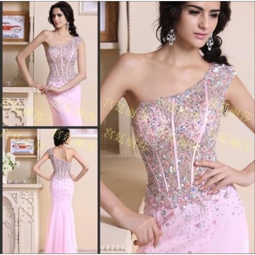 Free shipping 2016 Luxury crystal beaded sexy formal brides pink chiffon long mermaid evening gown party prom Graduation Dresses