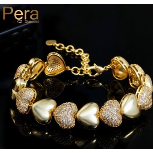 Pera Brilliant Cubic Zirconia Setting Dubai Gold Love Heart Shape Big Round Chain Bracelets for Nigerian Women Jewelry B158