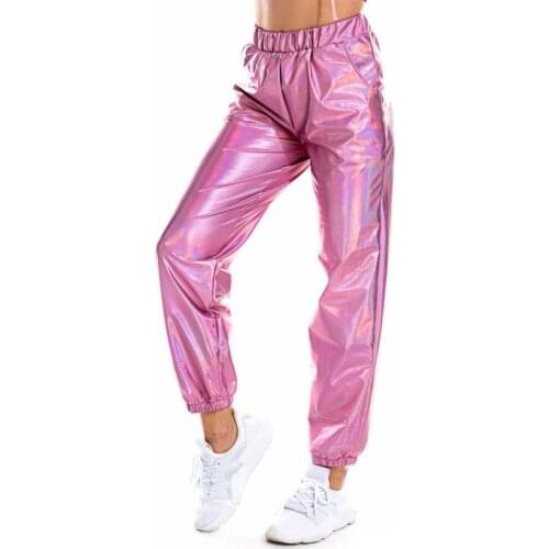 Shiny Holographic Women Pants Loose High Waist Metallic Trousers Dance Performance Hip Hop Pants Streetwear Joggers