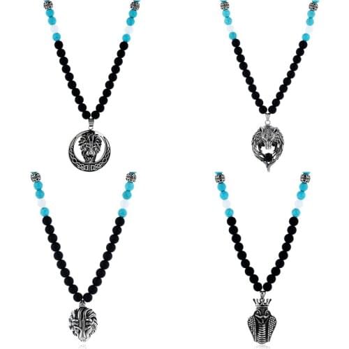 10MM Glass Beaded Necklace Stainless Steel Snake Wolf Lion Head Pendant Necklace Original Animal Jewelry For Mens Womens