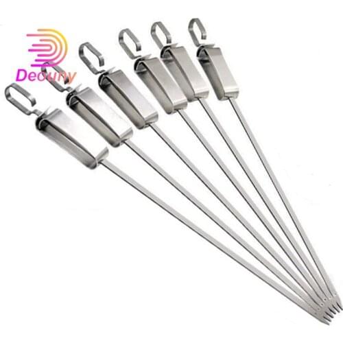 DEOUNY 6/10 Pcs Stainless Steel Widen Barbecue Needle Movable Handle Sticks Fork Grilled Meat Lamb Skewers Sign Outdoor BBQ Tool