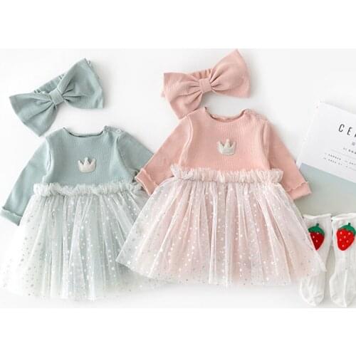 Blingbling tulle mesh long sleeve baby girls dress Spring autumn cotton infant kids dresses for girls costumes clothes children