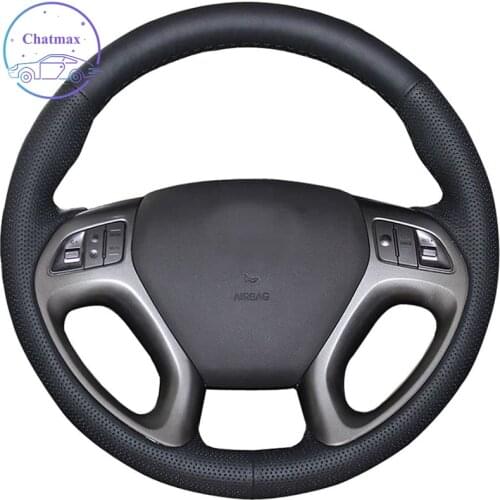 DIY For Hyundai Tucson 2010 2011 2012 2013 2014 2015 Hand Stitch Car Steering Wheel Cover Black Genuine Leather Wrap