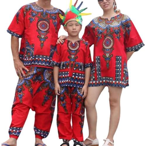 Djembe Drum Stage Perform Suits Family Couples Matching African Clothes Dashiki Thailand Tops+Pants Women Men Child Ethic Print