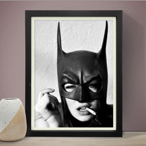 Bat Woman Smoking Poster Prints , Black and White Superhero Girl Photo Adult Art Picture Wall Decor Canvas Painting Fashion
