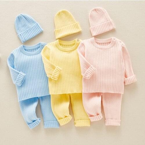 Baby Girl Clothes Set Boys Knit Ribbed Sweater Set Newborn Girls Knit Pullover+High Waist Pant+Hats 3pcs Children Clothing Suit
