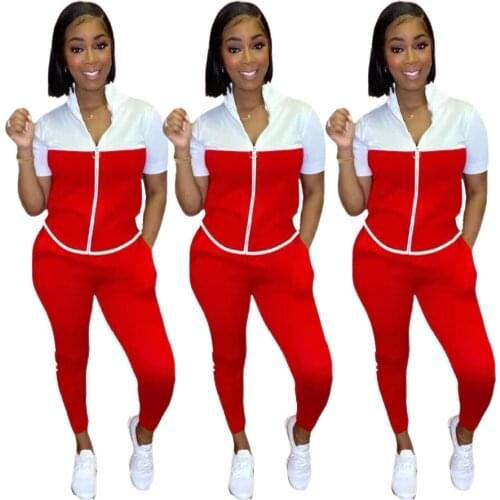 Classic Red White Patchwork Workout Tracksuit Two Piece Outfits Women Pants Sets Zipper Short Sleeve Top High Waist Trousers