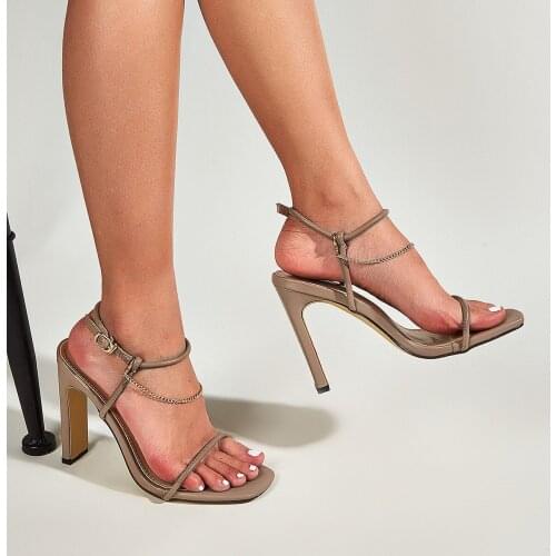 Niceest Metal Chain Decoration Buckle Strap Sandals Summer Sexy Womens High Heels Fashion Square Toe Ladies Party Shoes