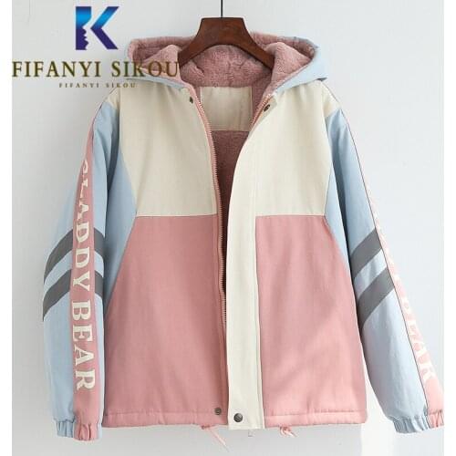 Autumn Winter Thick Warm Lambswool Jacket Women Loose Hooded Cotton Coat Fashion Print Patchwork Jackets Female Casual Outerwear