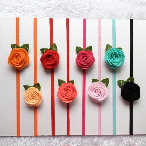Hot sale small headwear 2 inch Felt Non-woven fabric Flower With Elastic Headband For Girls Hair Accessories with leaf
