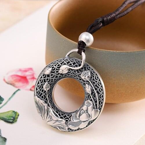 Men and Women Retro Simple Circle Six-character Mantra Pendant Necklace Double-sided Hollow Filigree Carving 999 Sterling Silver