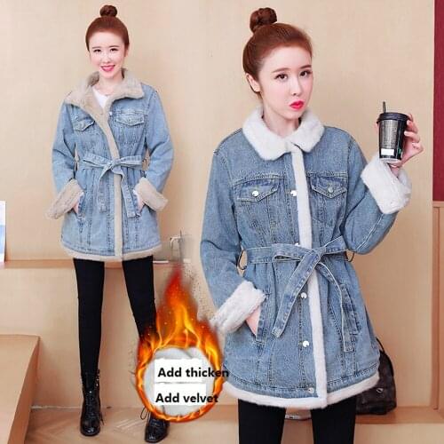 New Plus Size Thicken Cotton Padded Coat Casual Loose Collect Waist Sashes Velvet Jeans Overcoat For Females Cowboy Outerwear