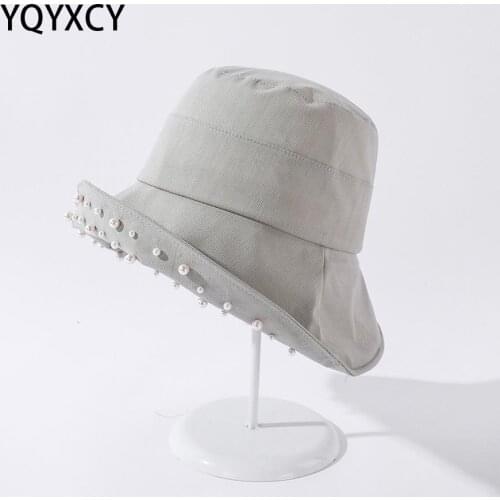 YQYXCY Bucket Hat Women Summer Spring Cotton Fisherman Cap Simulated Pearl Beads Bob Gorro