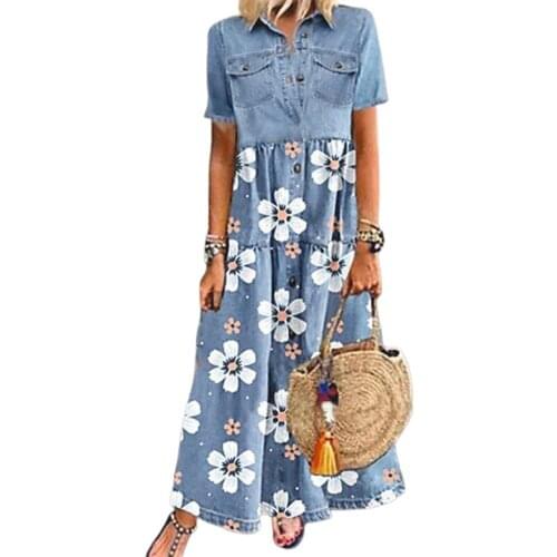 Distressed Women Dress Single-breasted Patchwork Short Sleeve Pockets Floral Print Maxi Dress for Party Summer Womens Clothing