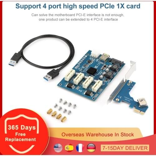 PCI-E X1 to 4PCI-E X16 Expansion Kit 1 to 4 Port PCI Express Switch Multiplier HUB 6Pin Sata USB Riser Card GPU Mining Board