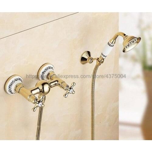 Luxury Gold Color Brass Wall Mounted Bathroom Faucet With Hand Held Shower Head Bathroom Shower Faucet Set Mixer Tap Ntf405