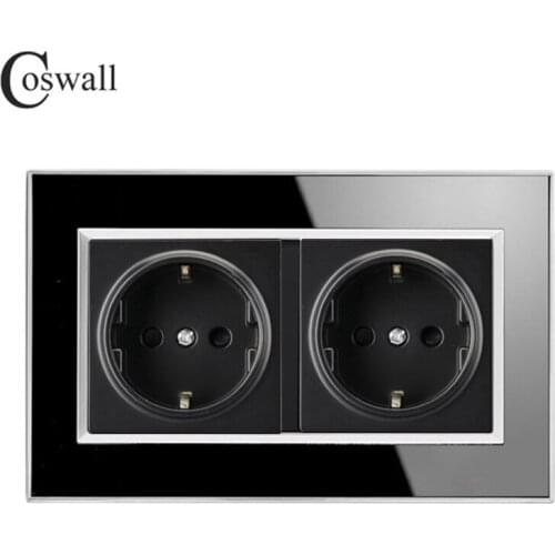 Coswall 146 Type 16A Double EU Standard Socket Luxury Wall Power Outlet Acrylic Crystal Panel A1 Series AC 110~250V Knight Black