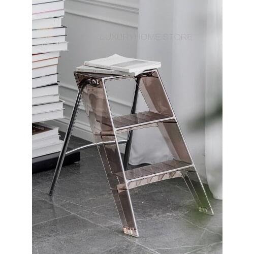 Modern Nordic Fashion Popular Design Portable Transparent Clear Acrylic Folding Home Ladder Stool Storage Rack Organizer 1PC