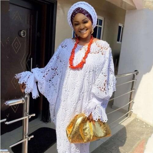 2 Pieces Sets Super Size Lace Dresses New African Womens Dashiki Fashion Water-soluble Lace Loose Beaded Embroidery Long Dress