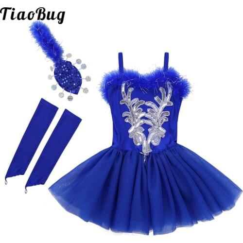 TiaoBug Kids Girls Spaghetti Shoulder Straps Sequined Beads Ballet Dance Leotard Tutu Dress With Fingerless Gloves Hair Clip