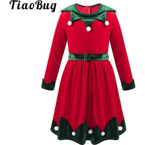 TiaoBug Kids Girls Christmas Elf Costume Children Winter Red Soft Thin Velvet Long Sleeves Clown Collar Back Zipper Xmas Dress
