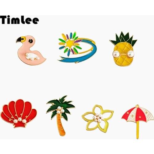 Timlee X359 BD Cartoon Cute Flamingo Pineapple Shell Tree Imitation Pearl Metal Brooch Pins Wholesale