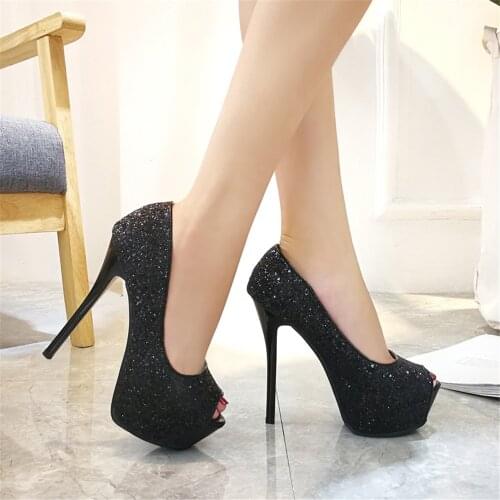Womens Fish mouth platform shoes glitter high heels 12 cm heels sexy pumps shoes wedge dress women shoe black heels for women