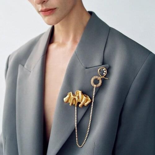 Vedawas 2021 Trend Za Brand Jewelry Double Brooch With Rhinestones for Women Elegant Gold Color Leaf Pins Formal Accessories