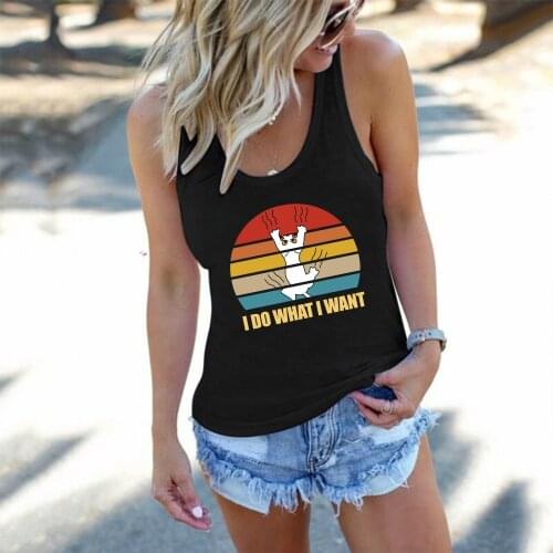 I Do Want I Want Cat Print Funny Women Tank Tops Summer Loose Tee for Women Clothes Sleeveless 90s Ladies Vest Tops Female