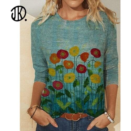 2021 Flower Printed Long Sleeve T-shirt Spring Round Neck Loose Large Size Top Ladies Fashion Leisure Streetwear Fall Tops S-5XL