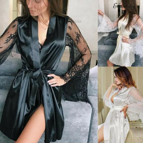 Womens Perspective Pajamas Sexy V-Neck Lace Mesh Lace Nightdress Sleepwear Ladies Silk Robe Nightwear Pajamas Nightgown