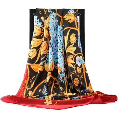 Womens Square Silk Scarves 90*90cm Fashion 2018 Ladies Satin Printed Scarf Shawl Autumn Winter Female Lotus Leaf Scarves gift