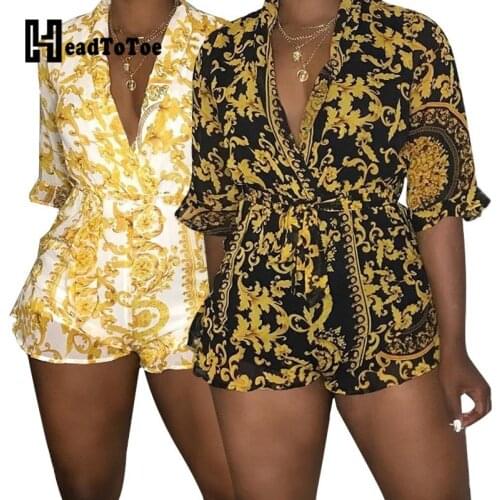 Baroque Print Half Sleeve Casual Rompers Women Jumpsuits One Piece Overalls Streetwear
