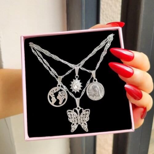 Flatfoosie Multilayer Silver Color Coin Portrait Pendant Necklace For Women Hollow Butterfly Crystal Clavicle Chain Boho Jewelry