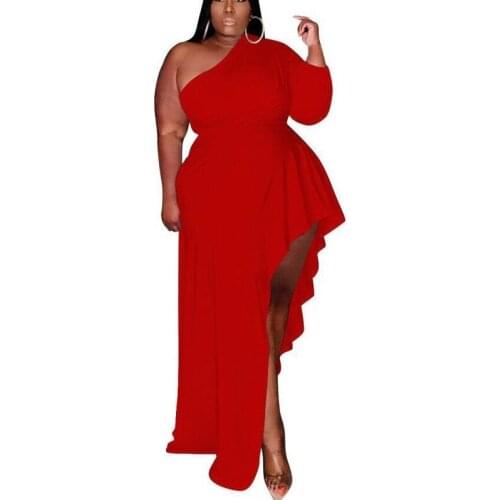 2021 Ladies Plus Size Dress Ladies One-shoulder High Waist High Split Asymmetric Solid Color Casual Slanted Shoulder Sleeves New