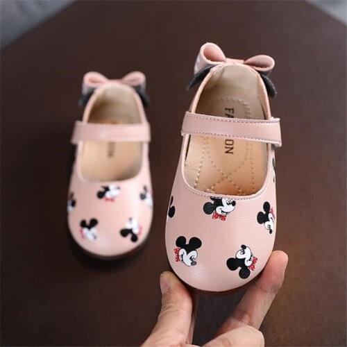 2021 children cartoon printing small soft upper leather shoes princess girls bow shoes baby learning to walk