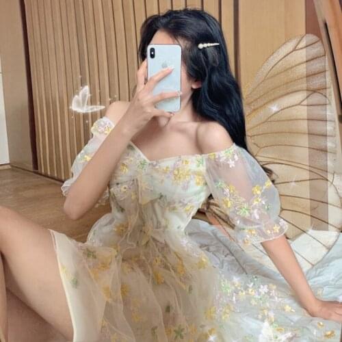 2021 Summer New Women Dresses Fairy Grunge Mesh Fabric Puff Sleeve Cute Kawaii Sexy Girl Sundress Vintage Mini Dress Robe Femme