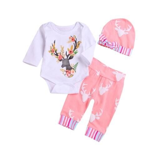 2018 Brand Christmas Newborn Baby Girls Deer Romper Pants Hat 3pcs Outfit Set Clothes Size 0-12M