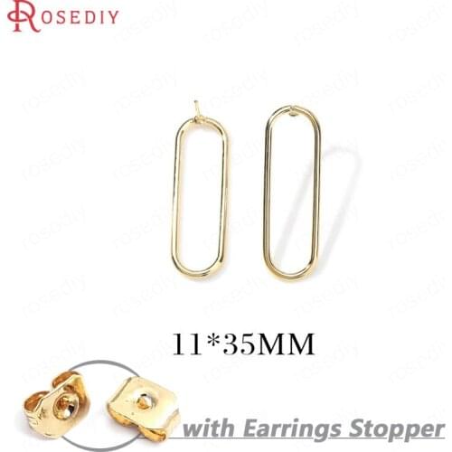 F184)6 pieces 11*35mm 24K Gold Color Brass Long Oval Shape Stud Earrings Pins High Quality Diy Jewelry Findings Accessories