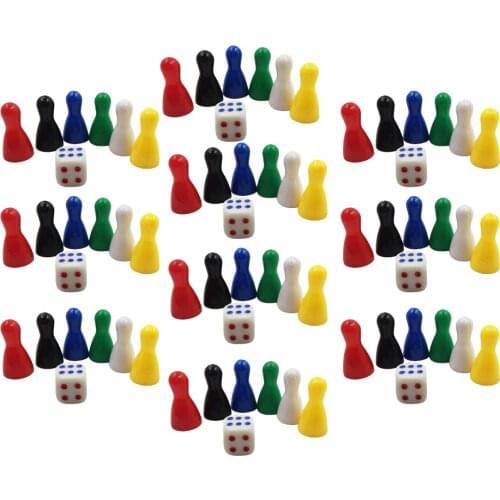 60 Pcs Colorful Pieces Pawn Chess Plastic Pieces & 10 Pcs Dice Set for Board Card Games