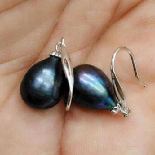 Free shipping>>>>noble jewelry hot real photos10-12 MM AAA+ BLACK Dripping PEARLS EARRING 14K/20 YELLOW GOLD hook